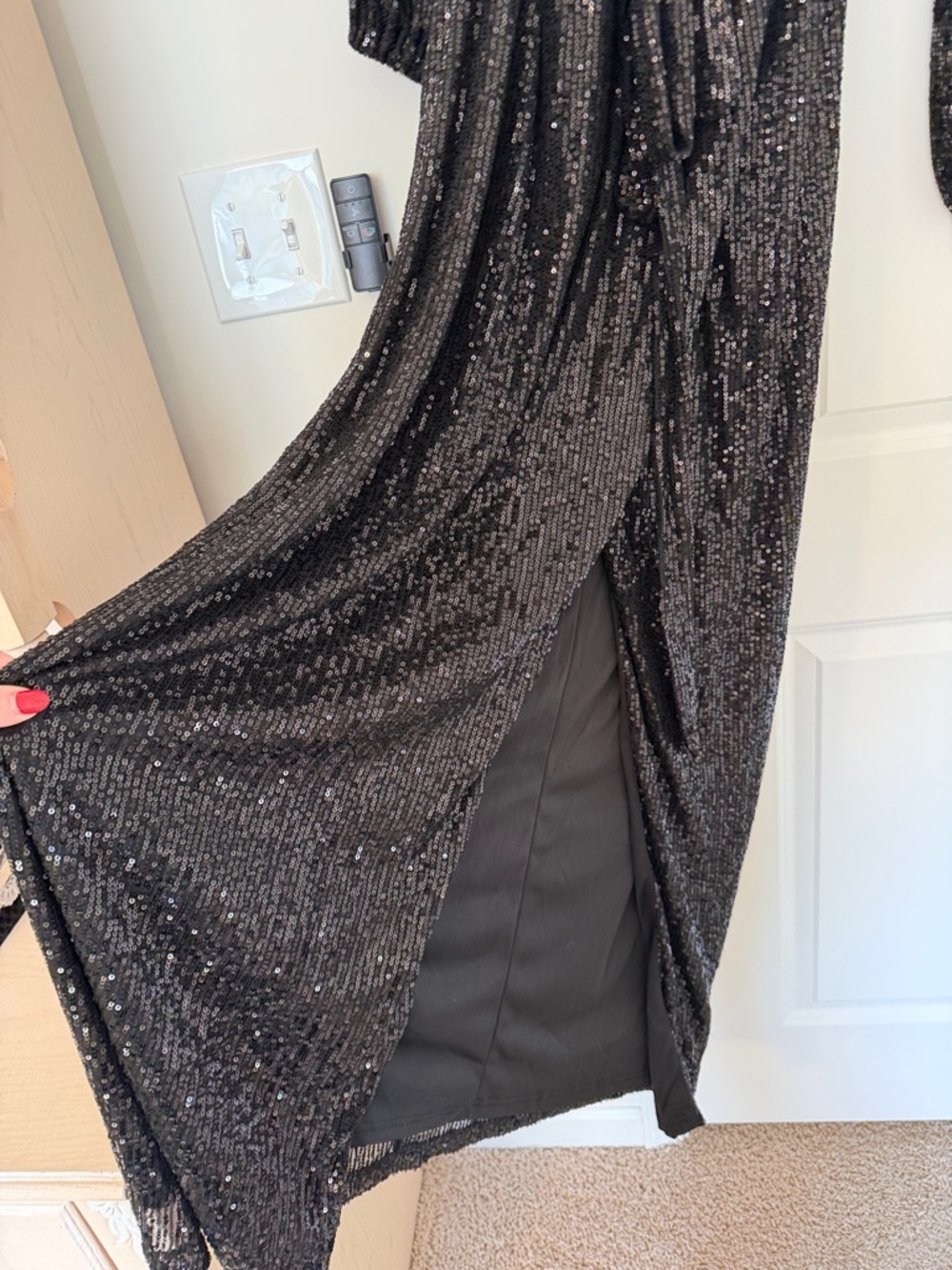 NWT Fashion Nova Black Sequin Plunge Dress with Front Slit - Picture 6 of 7